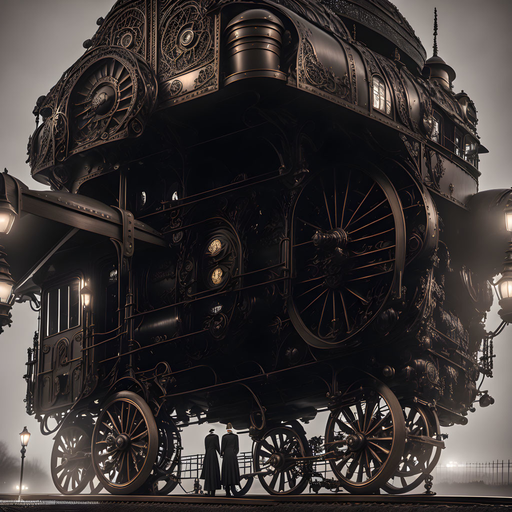 Steampunk-themed image with individuals and ornate steam-powered vehicle