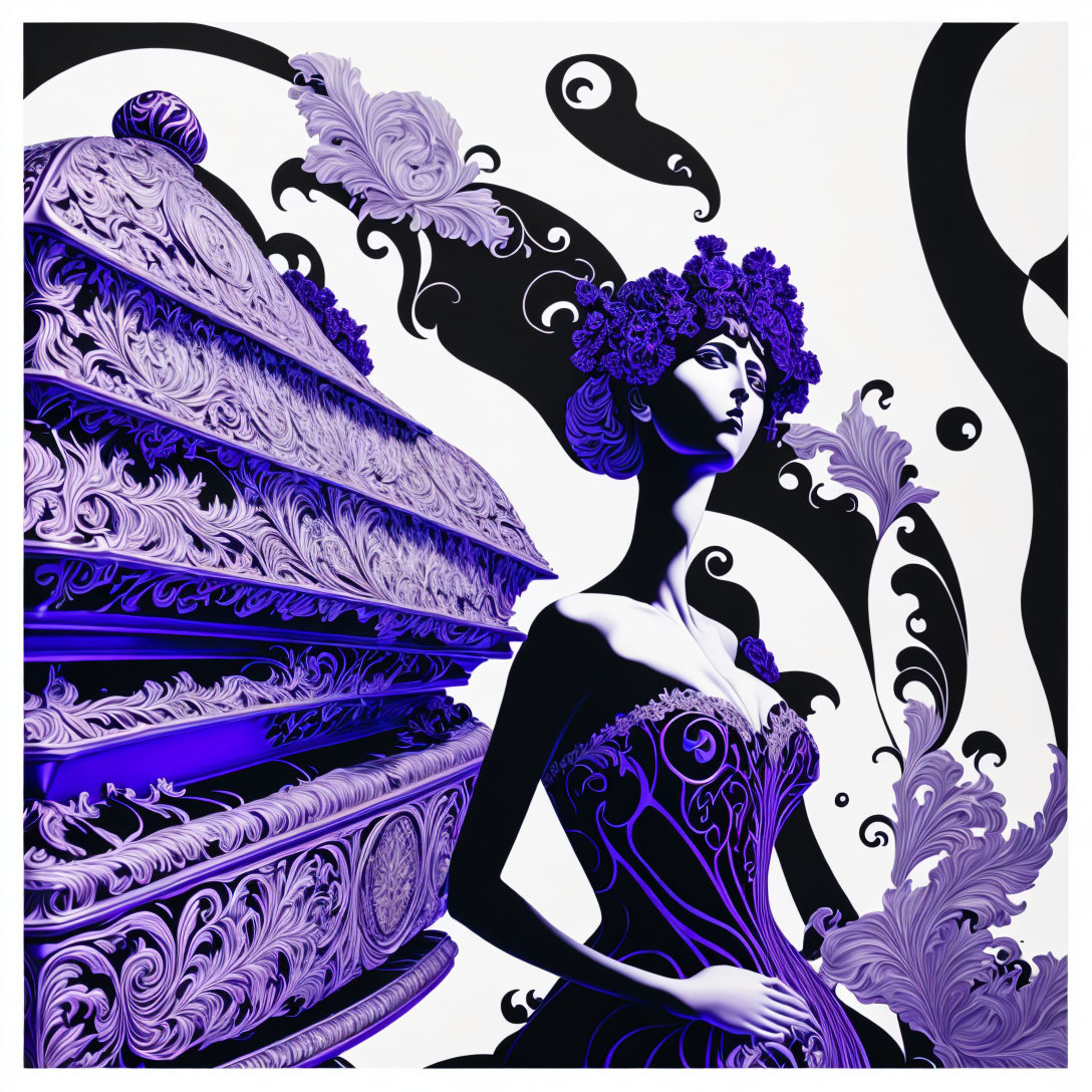 Stylized Woman in Purple Dress with Floral Motifs