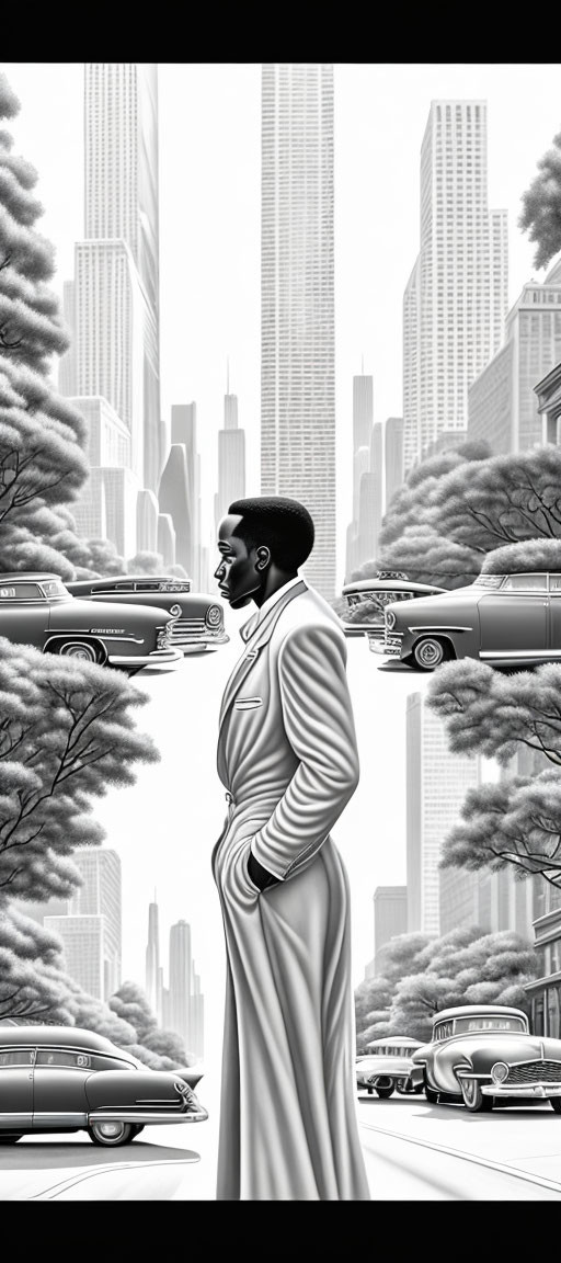 Monochromatic cityscape with stylish man and flying vintage cars