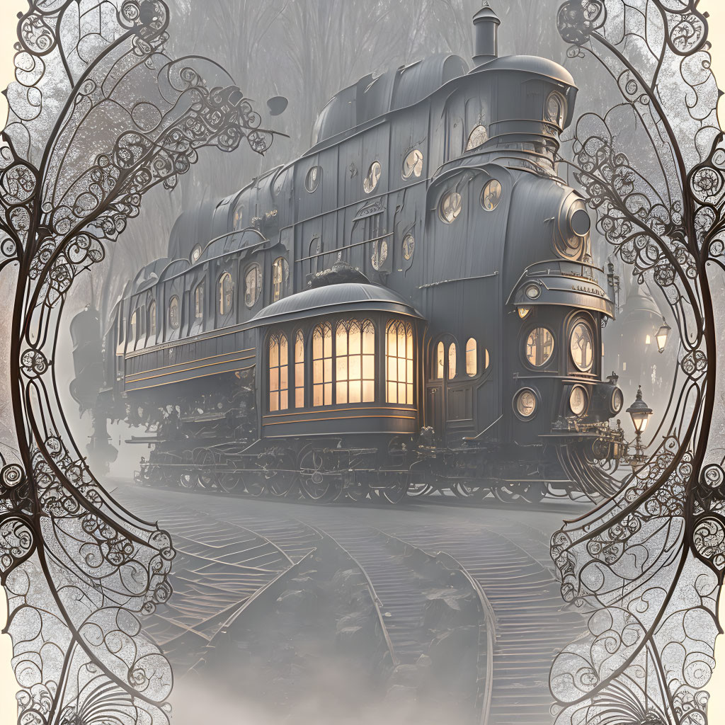 Vintage Steam Locomotive with Illuminated Windows in Foggy Landscape