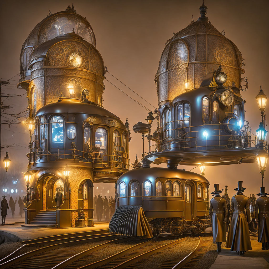 Vintage illuminated tram carriages with glass and metal detailing at misty evening tram stop.