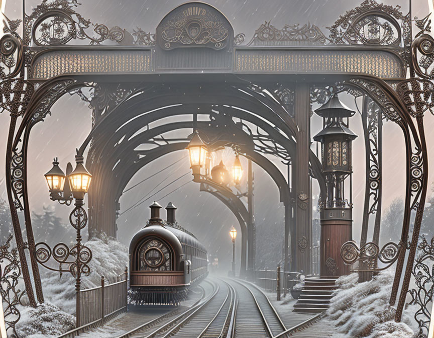 Vintage train station with metal canopy and street lamps on snowy evening