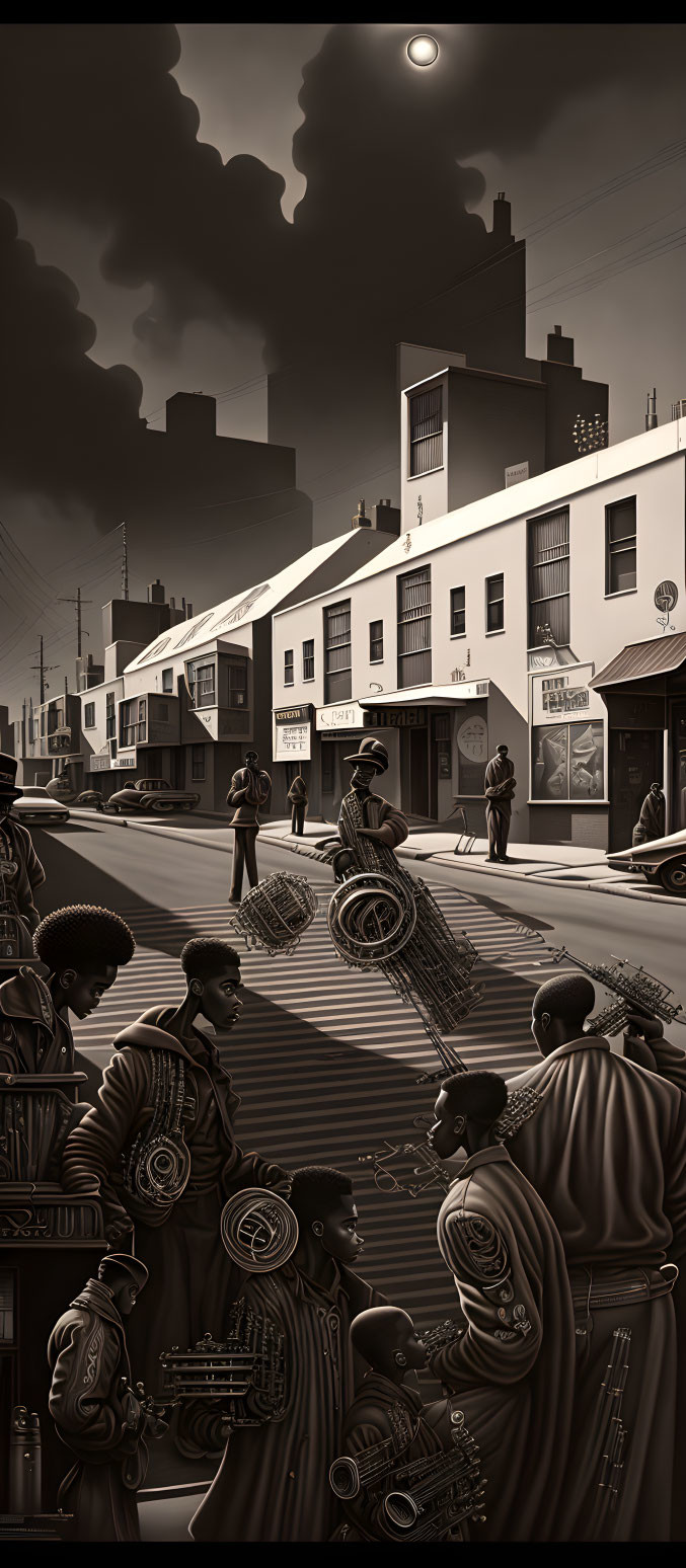 Monochrome street illustration with shadows and musical instruments