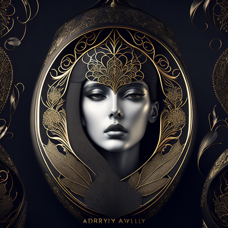 Woman's face in ornate golden oval on dark background