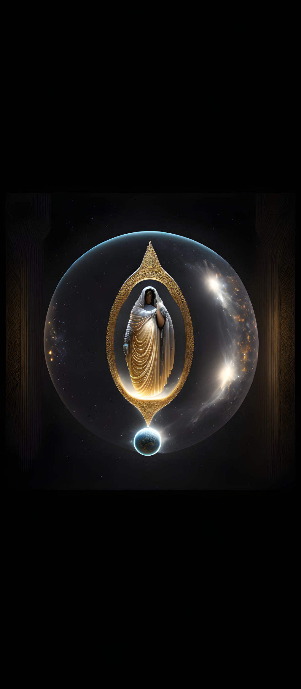 Mystical cloaked figure in ornate oval frame amidst cosmic fantasy