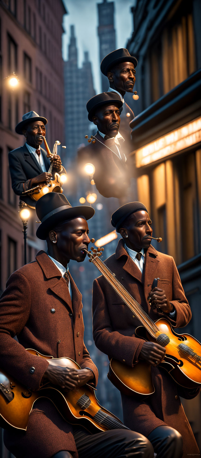 Musicians in vintage attire play saxophone and guitars on city street at dusk