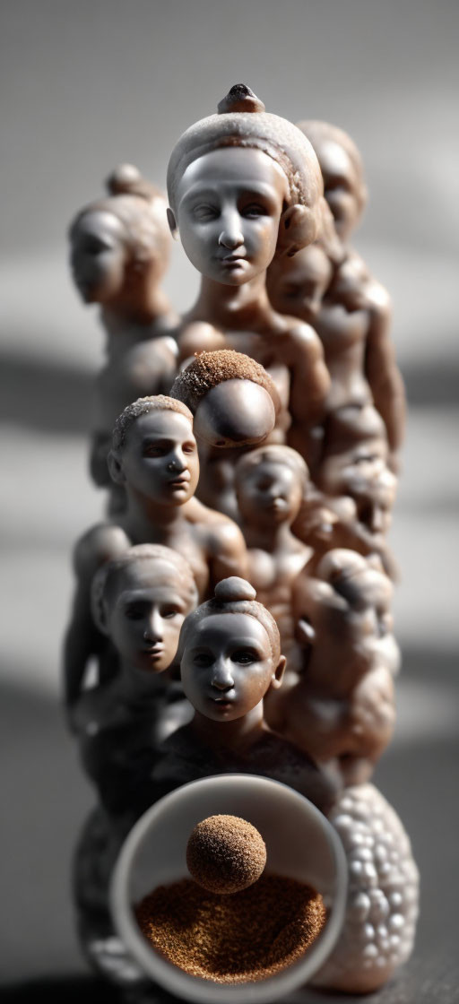 Monochromatic sculpture of stacked human-like figures with bowl and round object