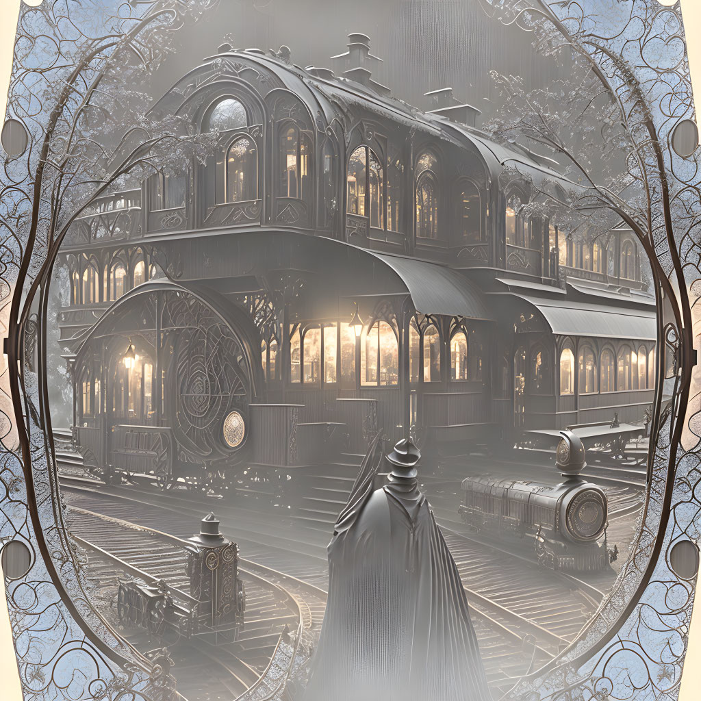 Vintage sepia-toned train station with Victorian figure, intricate metalwork, and steam train.