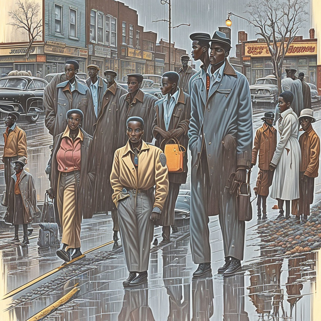 Stylishly dressed African Americans walking in city street scene.