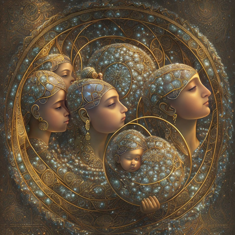 Digital artwork: Multiple women's faces with ornate headpieces in golden mandalas