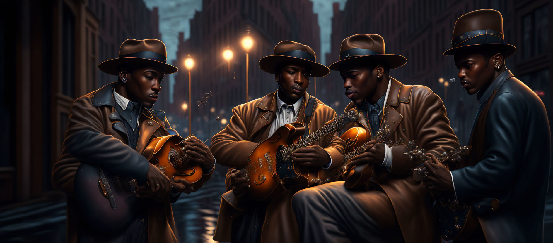 Vintage Attired Musicians Play Jazz on Misty Dusk Street