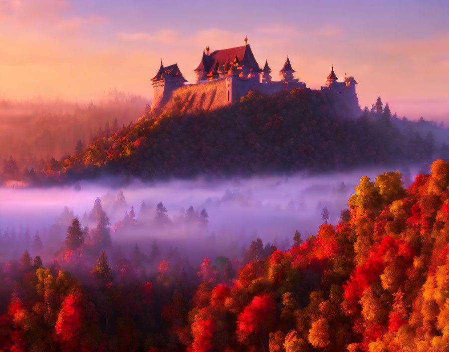 Majestic castle on hill in misty autumn forest at sunrise