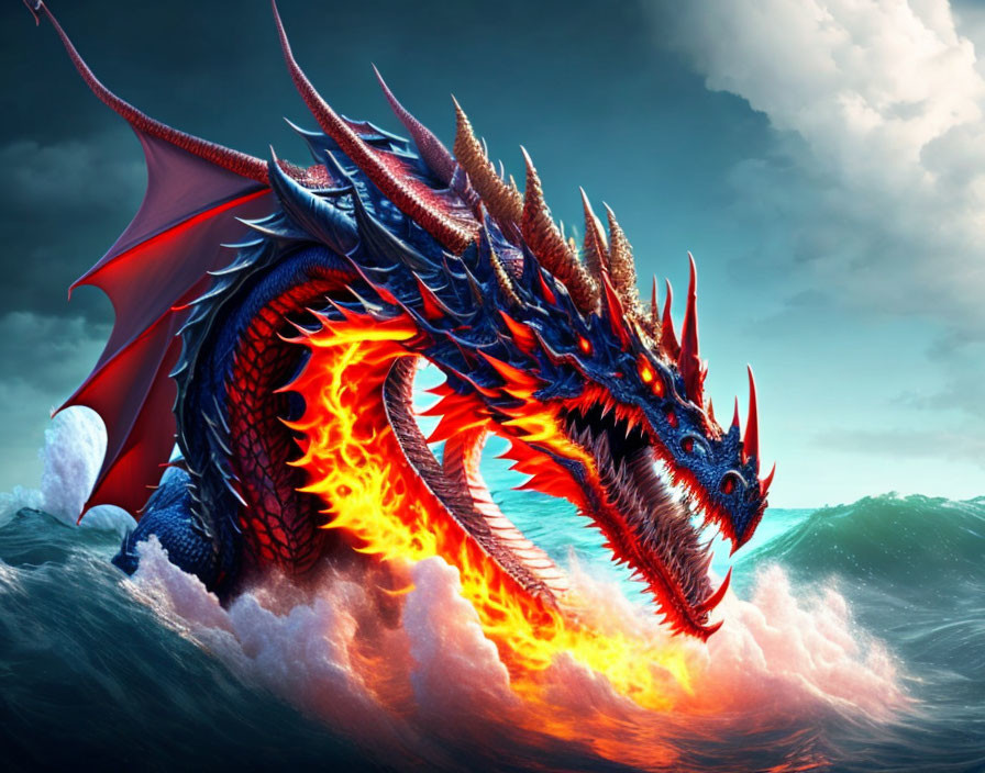 Blue-scaled dragon emerges from ocean waves under stormy sky