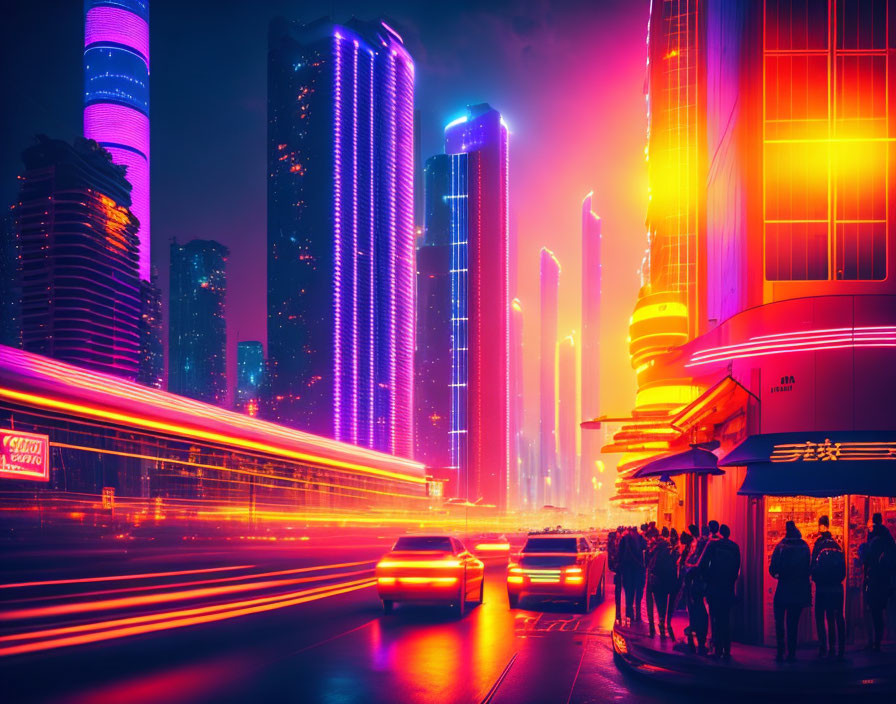 Urban night scene: neon lights, high-rises, car light trails, pedestrians