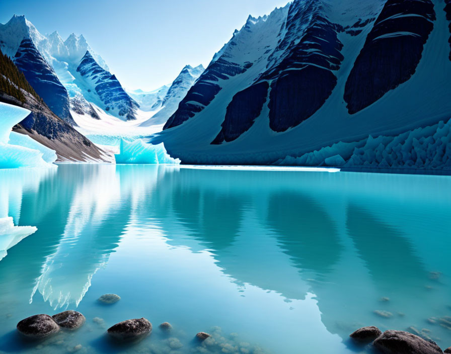 Turquoise Lake with Snowy Peaks and Ice Reflections