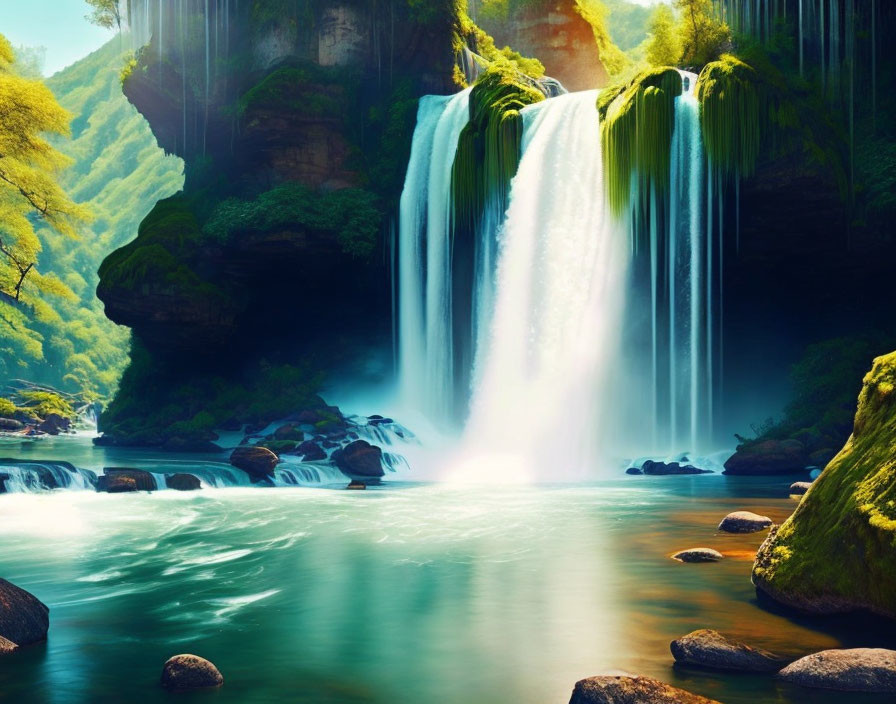 Tranquil waterfall in lush greenery with sunlight and emerald pool