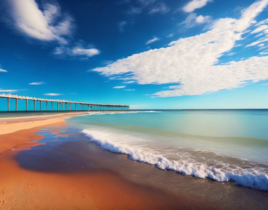 Tranquil beach landscape with golden sand, gentle waves, blue sky, scattered clouds, and long