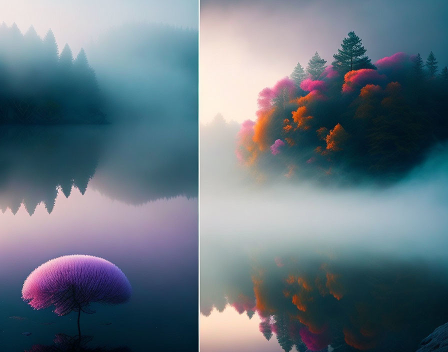 Dual serene landscapes: misty lake with trees in cool tones beside colorful foliage reflected on water in warm