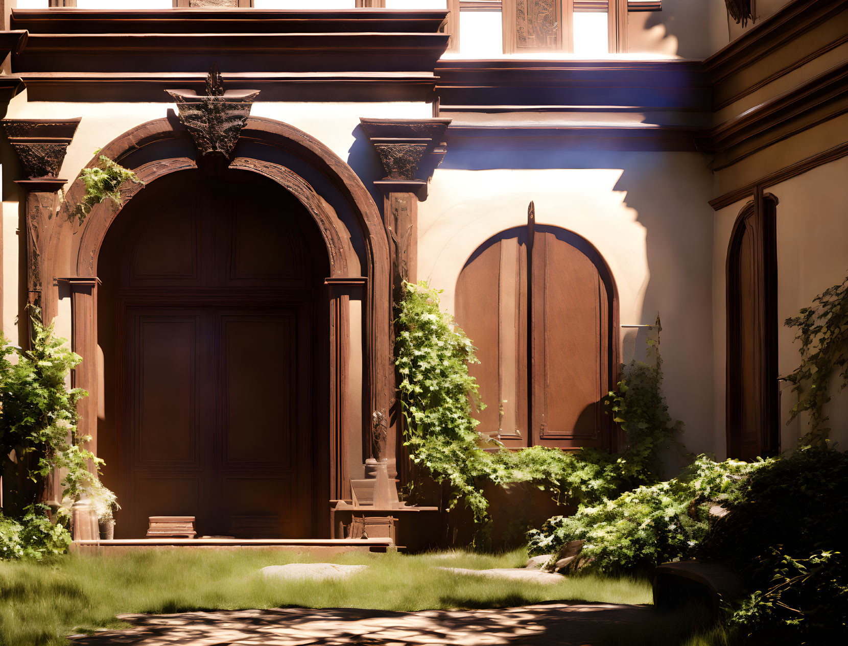 Sunlit courtyard with wooden door, arches, moldings, and ivy on classical building