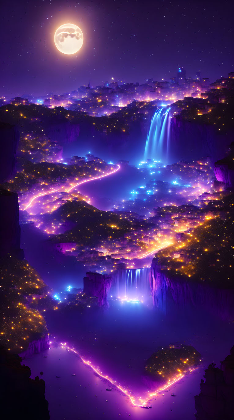 Fantasy night landscape: Glowing purple rivers, waterfalls, illuminated flora under starry sky