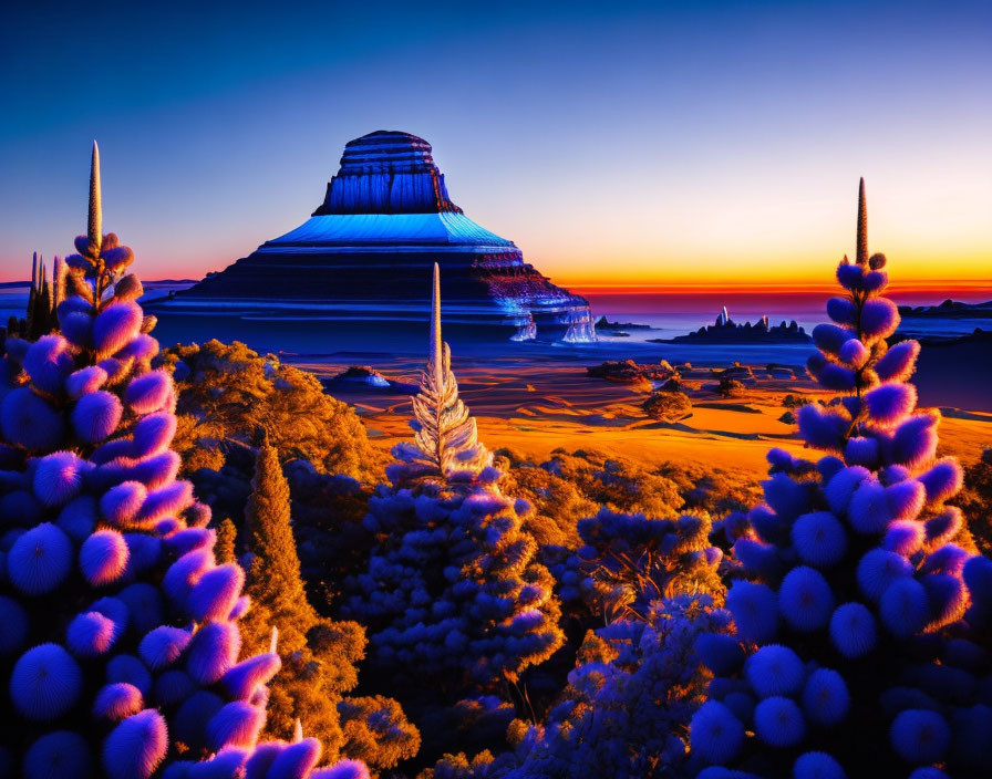 Desert landscape with vibrant sunset and rock formations