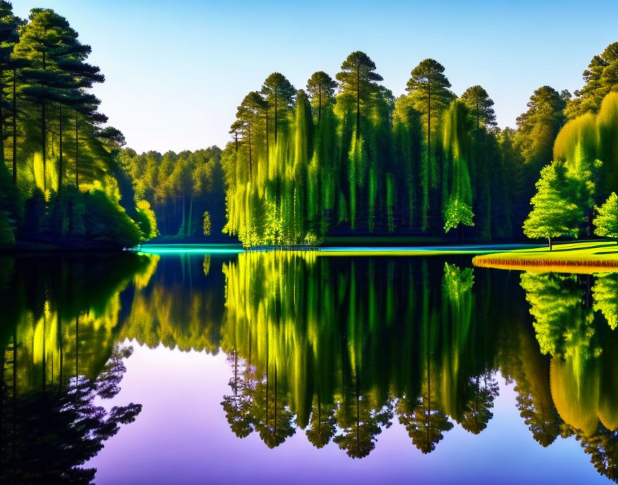 Tranquil lake mirrors lush green trees and blue sky