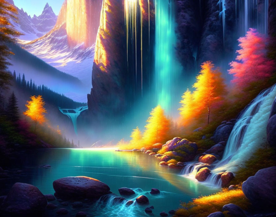 Fantasy landscape with glowing waterfall, autumn trees, serene lake, illuminated cliffs.