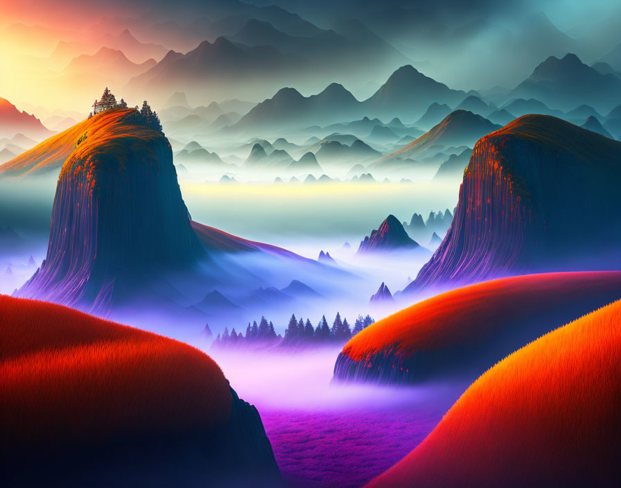 Vibrant Orange Hills and Misty Cliff Tree in Surreal Landscape