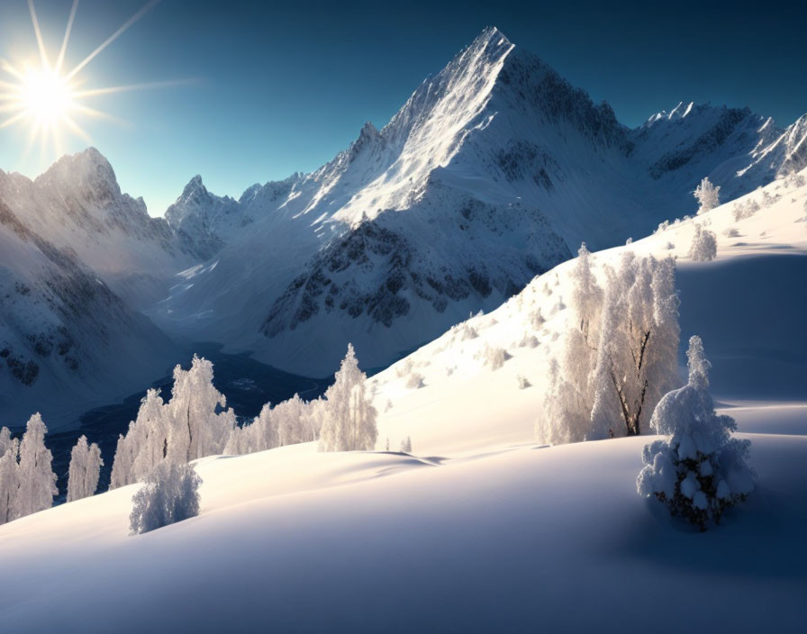 Snowy Landscape with Sunlit Mountain Peaks and Frosted Trees