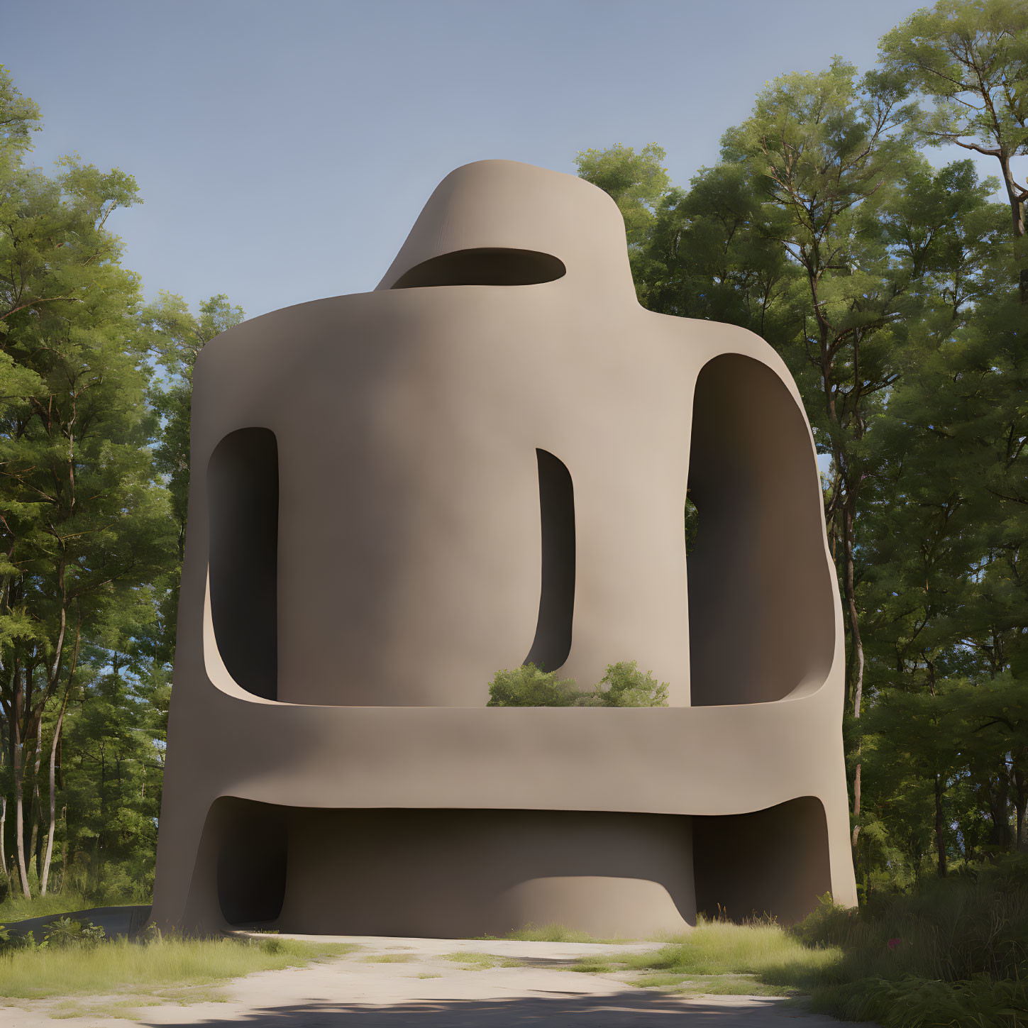 Sculptural brown building with rounded windows in green landscape