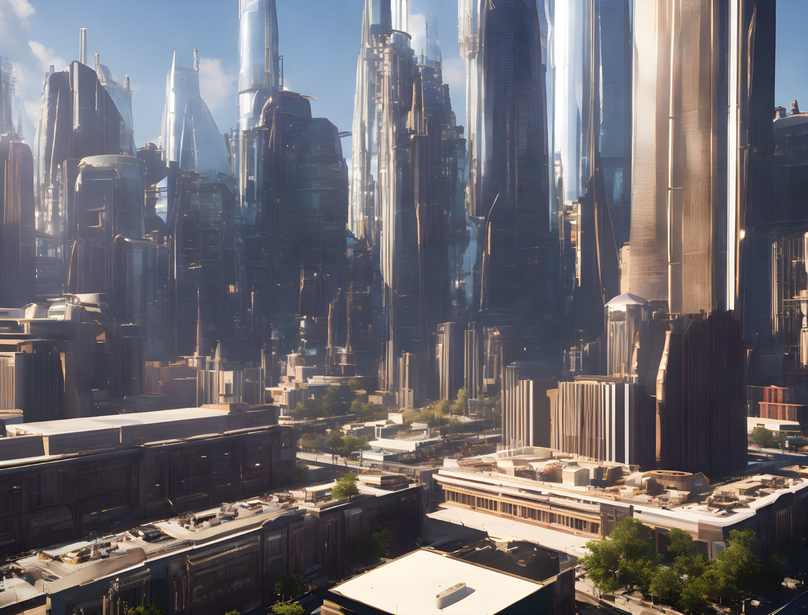 Futuristic cityscape with towering skyscrapers in sunlight