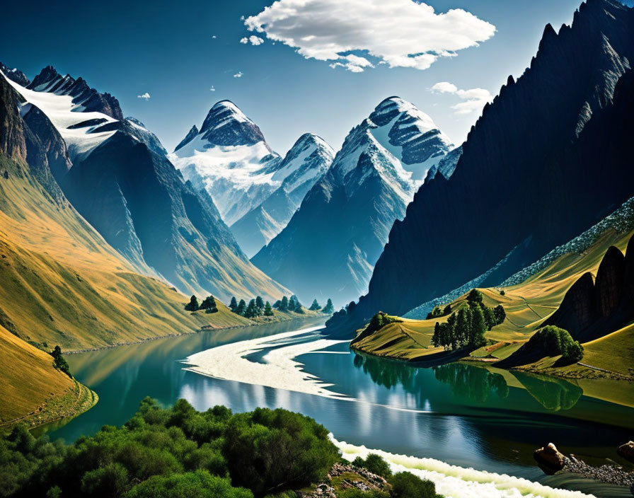 Serene mountain valley with winding river and snow-capped peaks