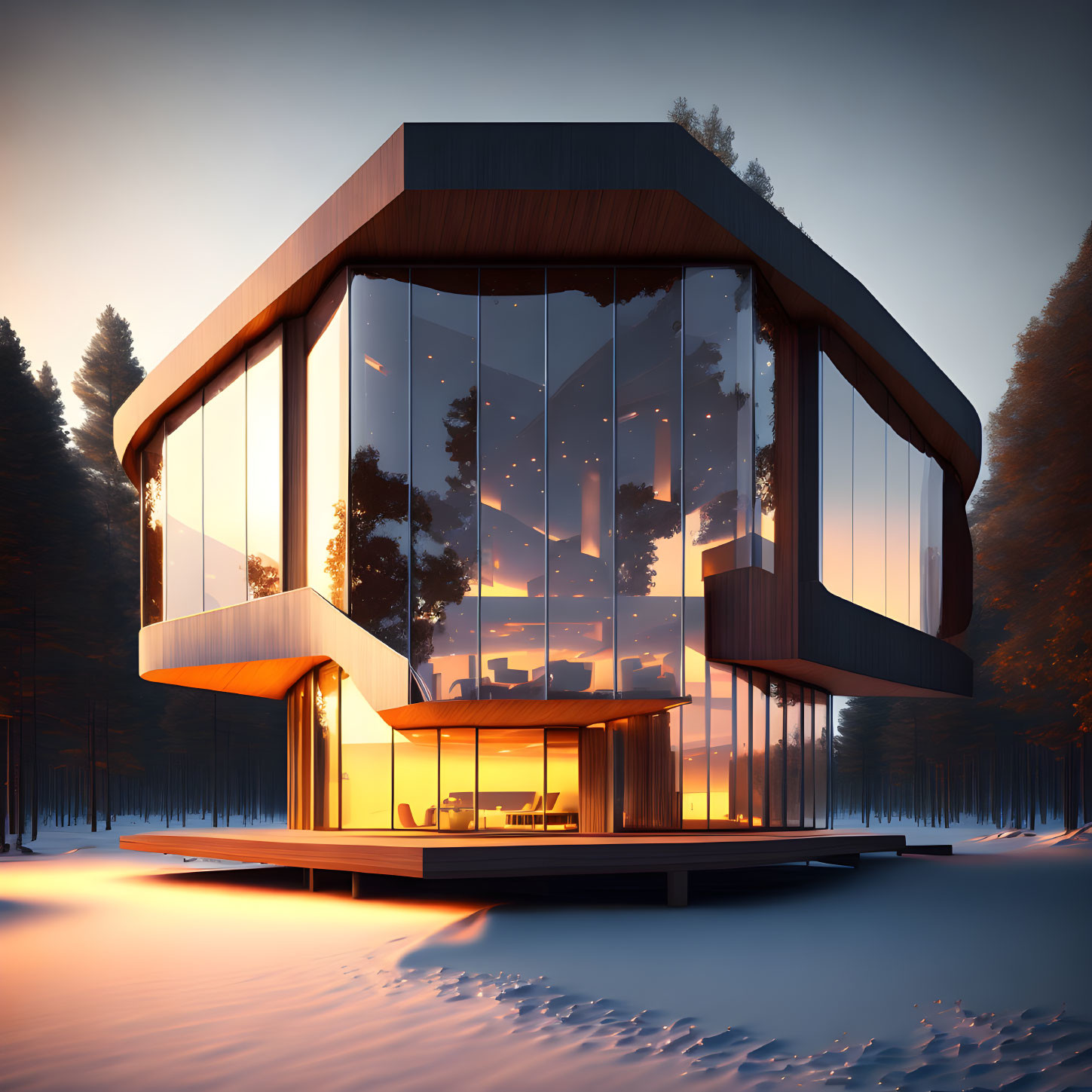 Glass two-story house in snowy forest at sunset