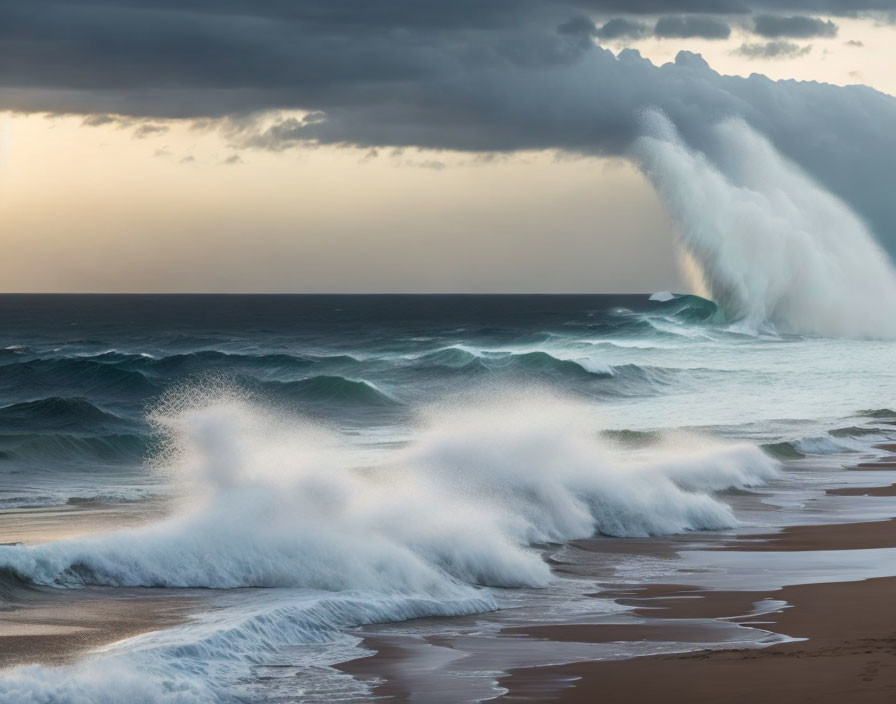 Dramatic beach scene with crashing waves and moody sky