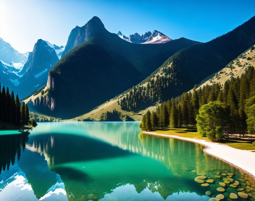 Tranquil Mountain Lake with Turquoise Water and Pine Trees