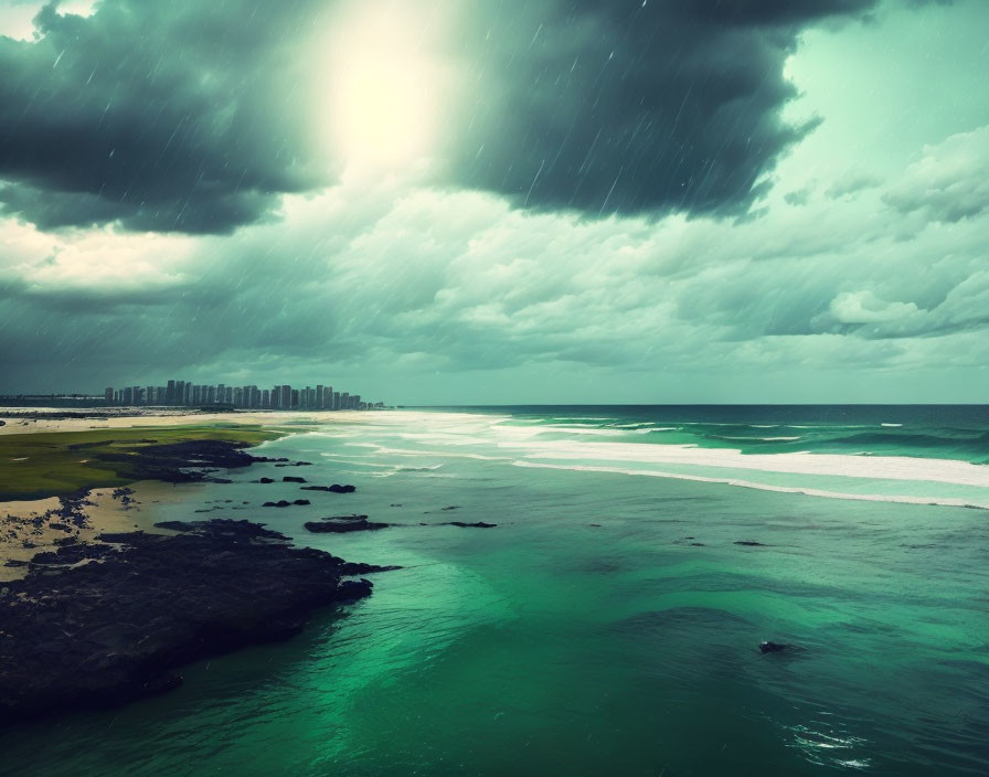 Turquoise sea under stormy sky with sun rays and city skyline on coastline