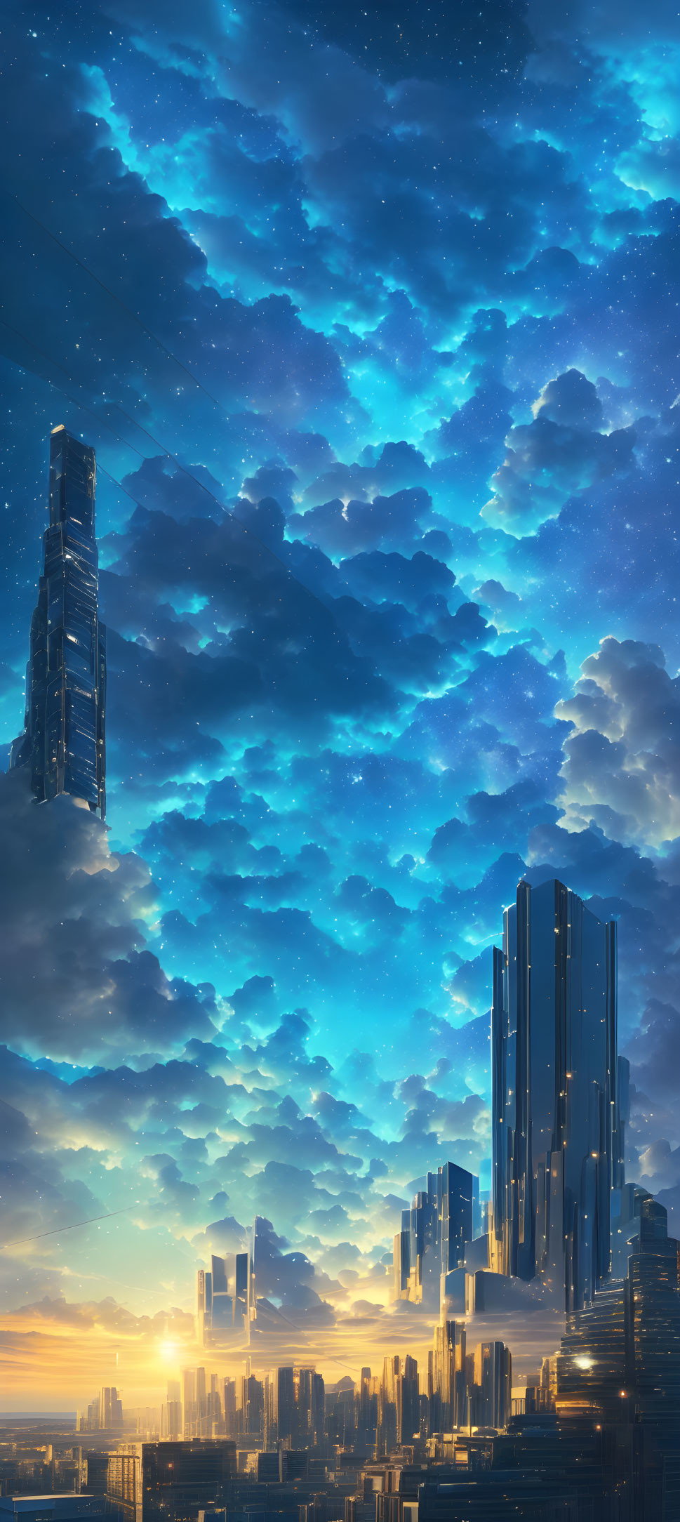 Futuristic cityscape at dusk with skyscrapers under star-filled sky