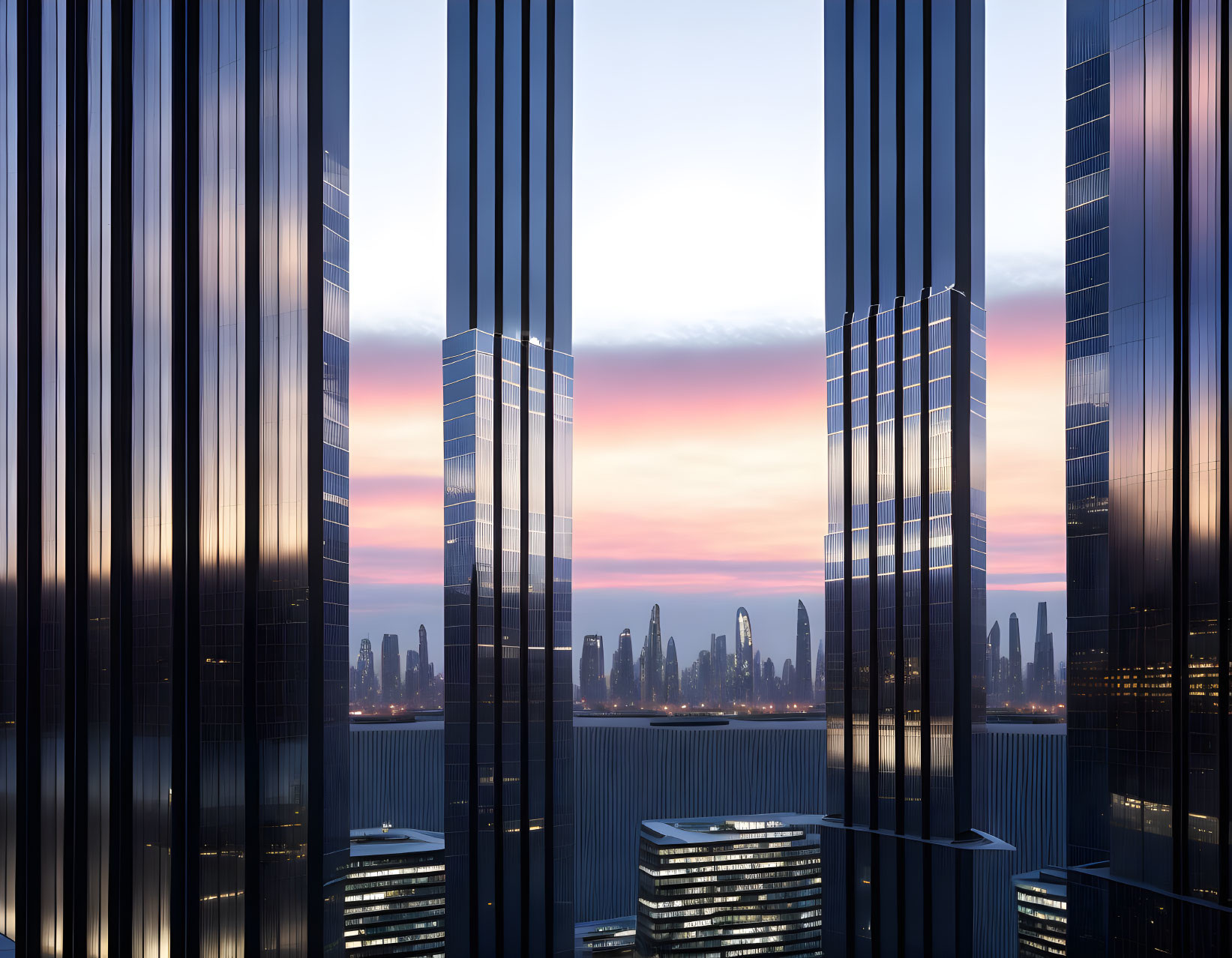 Vibrant pink and blue dusk cityscape with tall skyscrapers.