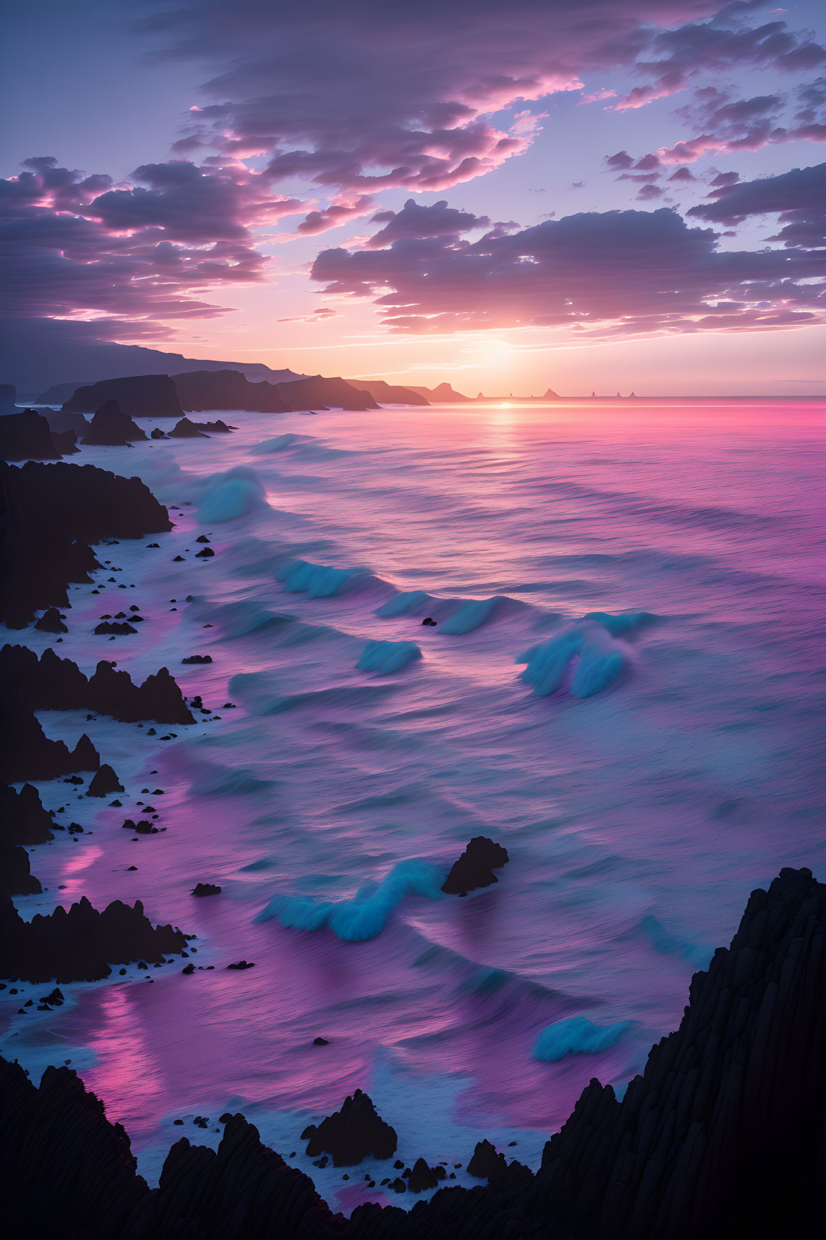 Sunset Seascape: Purple Skies, Tranquil Ocean, Rocky Coastline