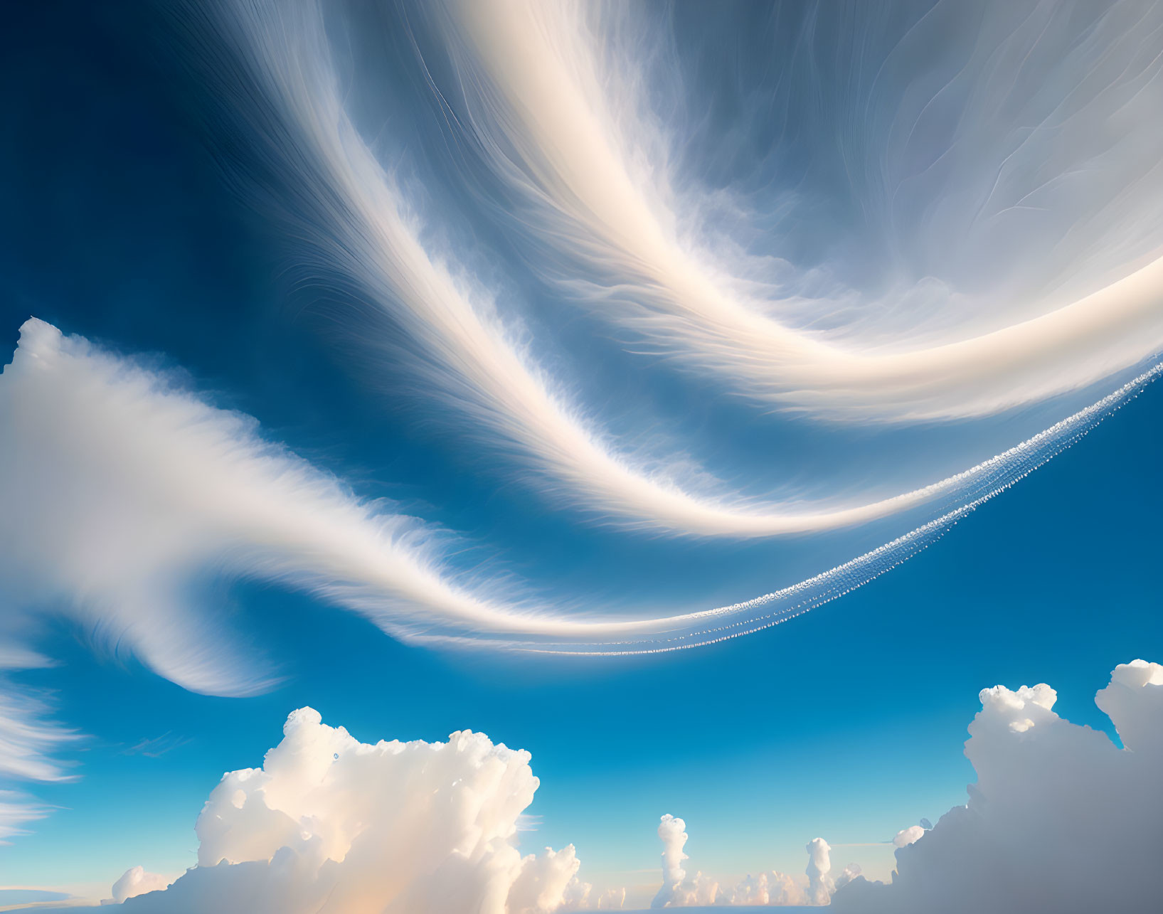 Vivid blue sky with wispy cirrus and fluffy cumulus clouds.