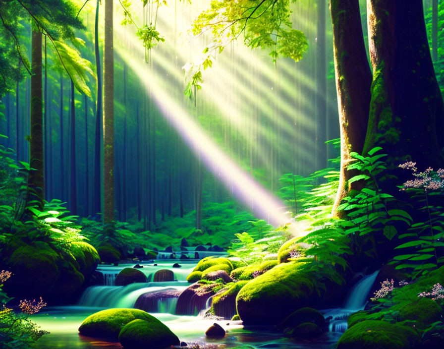 Forest scene: Sunbeams on moss-covered rocks & stream