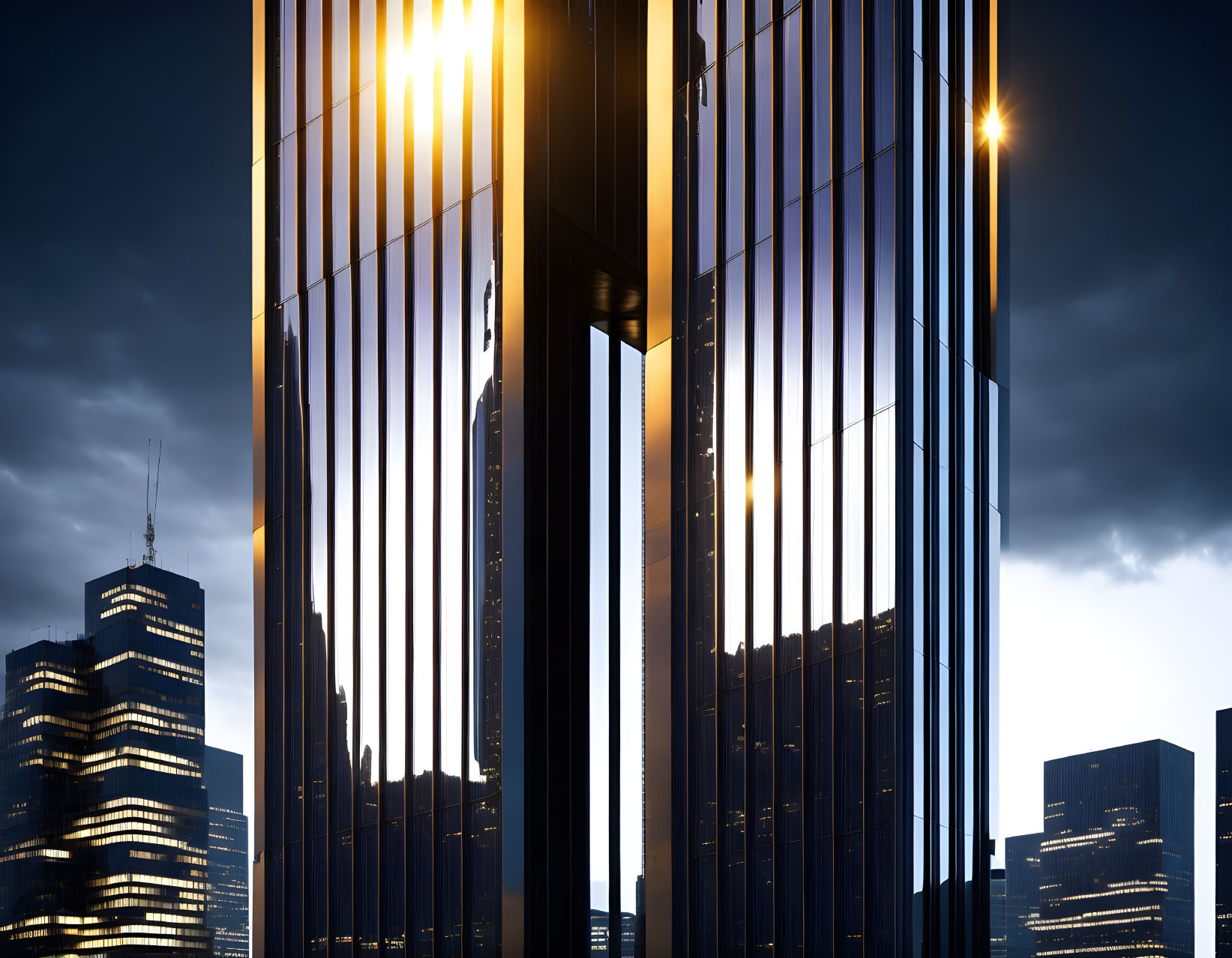 Urban skyline with illuminated skyscrapers at twilight reflected in glass facade