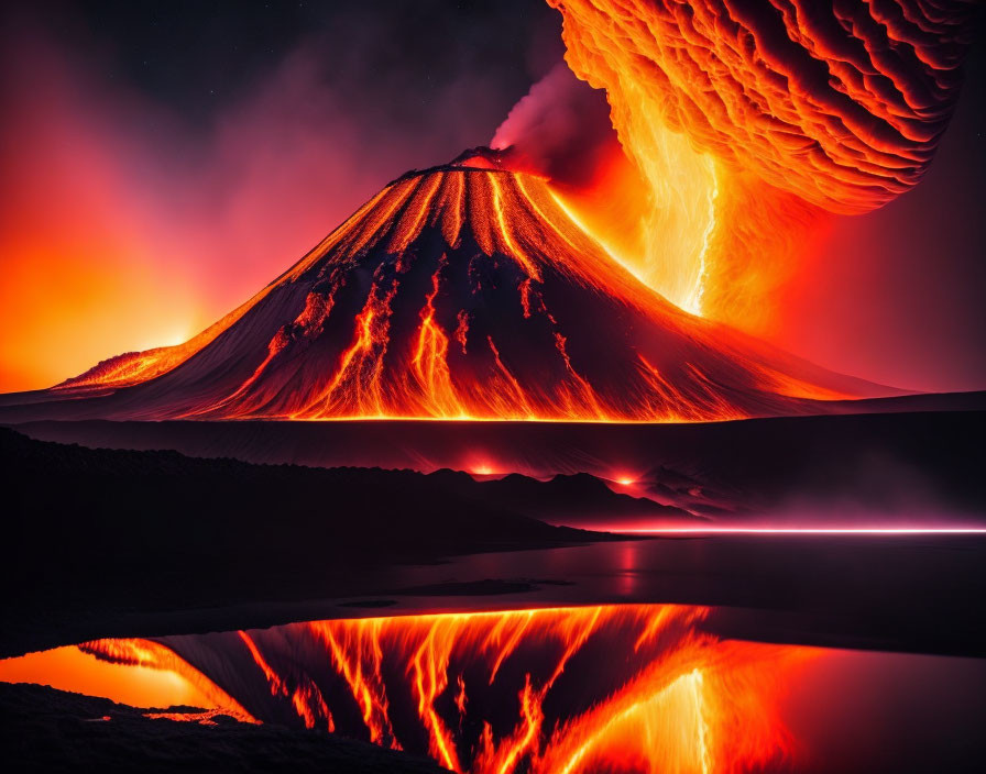 Nighttime volcano eruption with lava streams and ash cloud reflected in water.