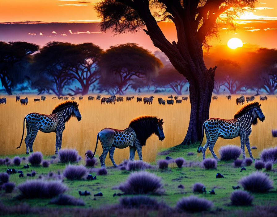 Zebras grazing in African savanna at vibrant sunset