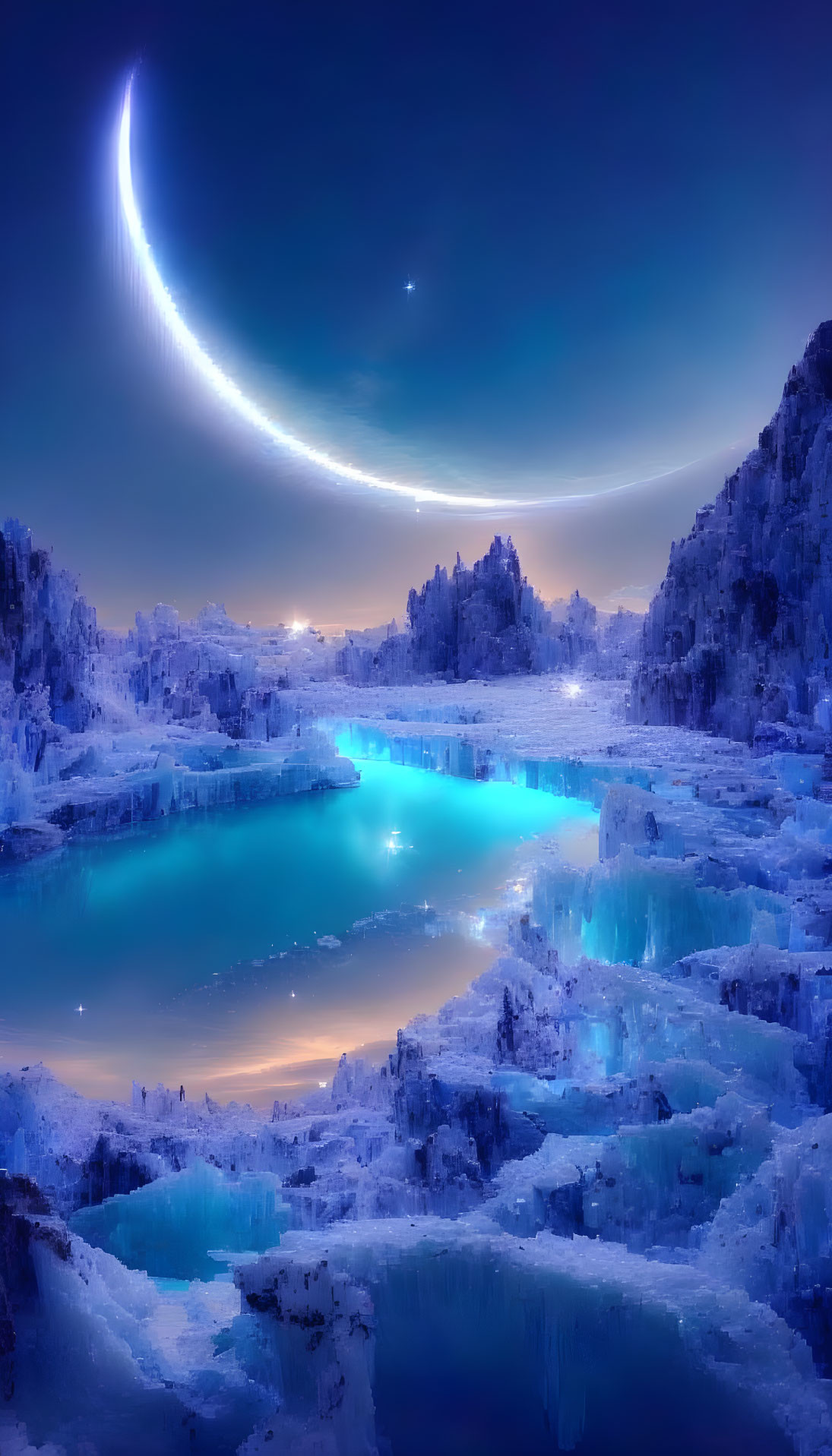 Fantasy landscape with glowing blue lakes and ice structures under a starry sky