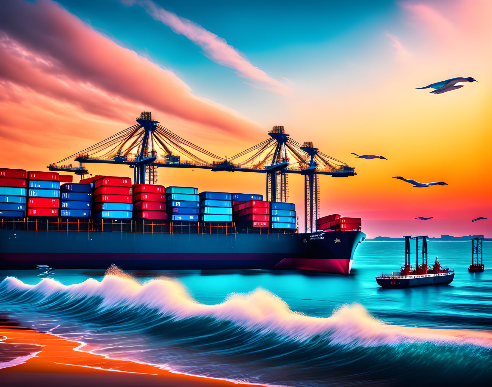 Colorful cargo ship at port with cranes, seagulls, sunset, and reflective sea waves