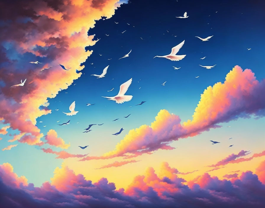 Colorful sky gradient with clouds and bird silhouettes in flight