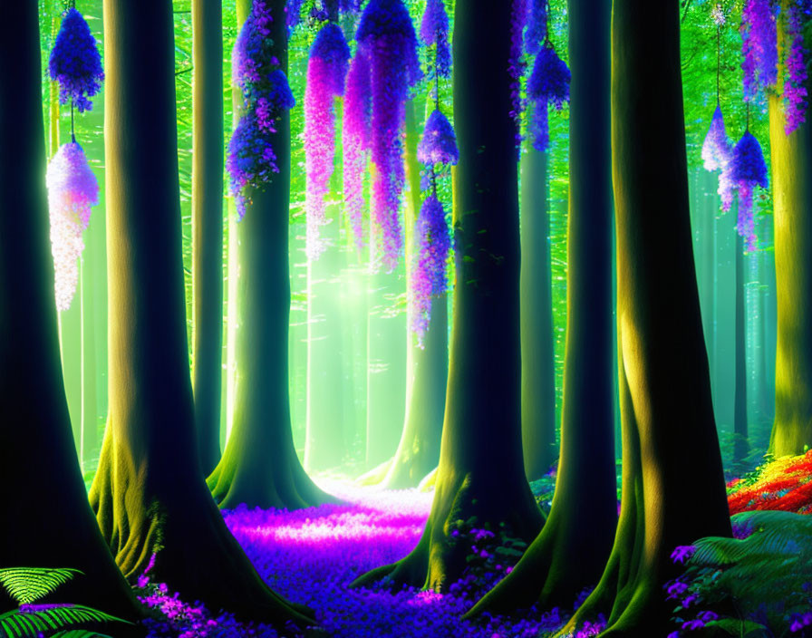 Lush forest scene with large trees, purple flowers, and vibrant pink and green flora.