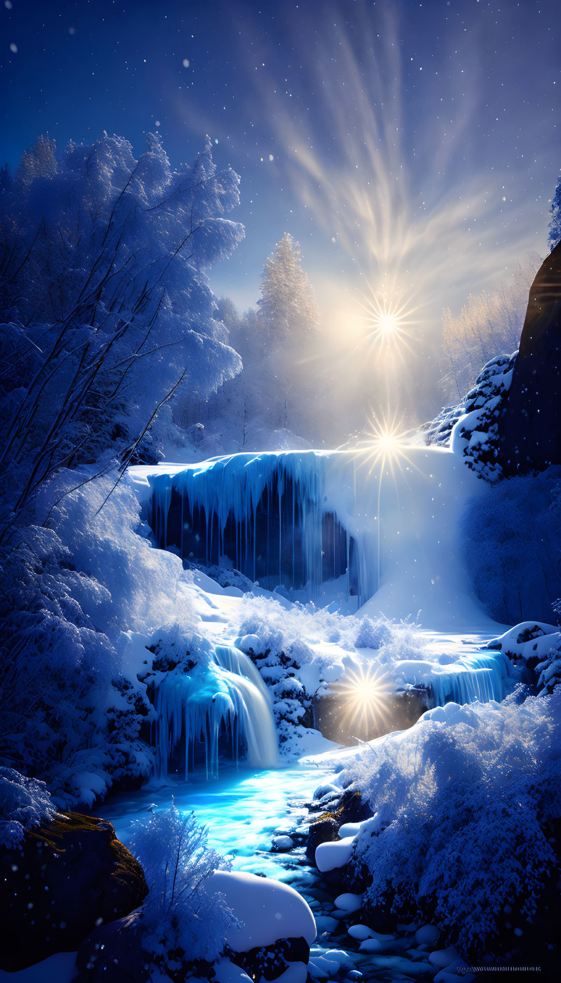 Frozen waterfall under starry winter sky with snow-covered landscape