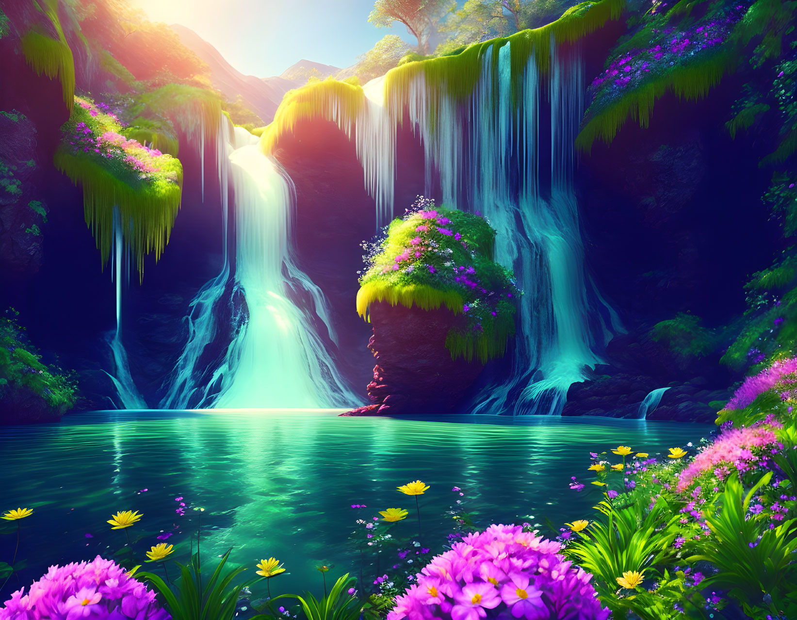 Tranquil waterfall in lush greenery with purple flowers